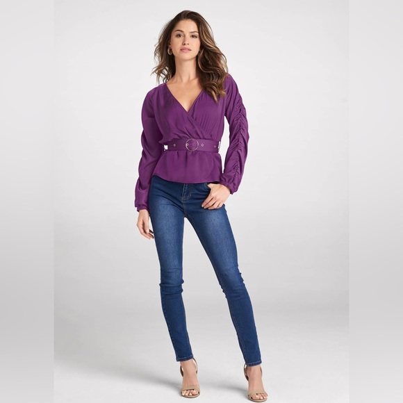 Venus Deep V-Neck Belted Blouse In Violet - Picture 2 of 6